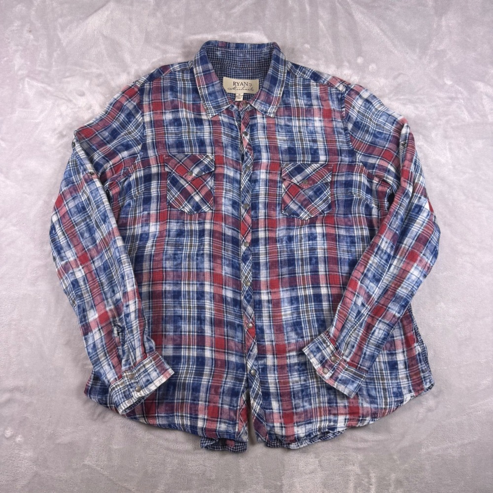 Ryan Michael Mens XL Indigo Plaid Acid Wash Button Back Cotton Shirt T1799BE